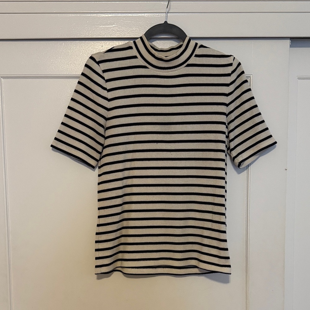 Striped Navy and White Mockneck Top